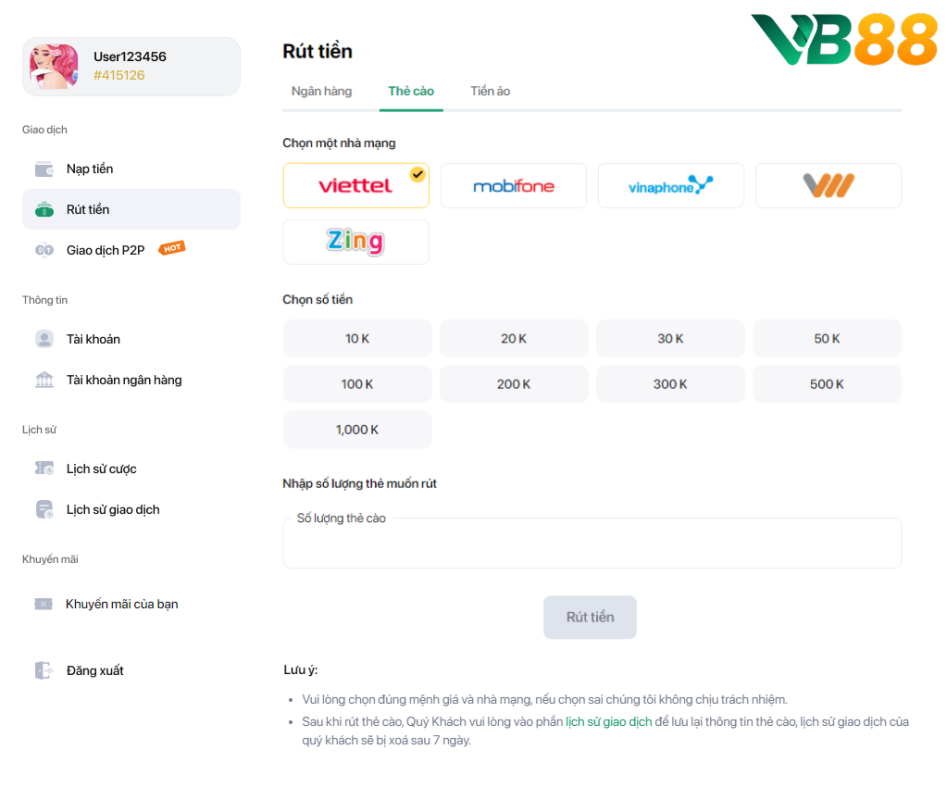 Các phương thức rút tiền tại VB88